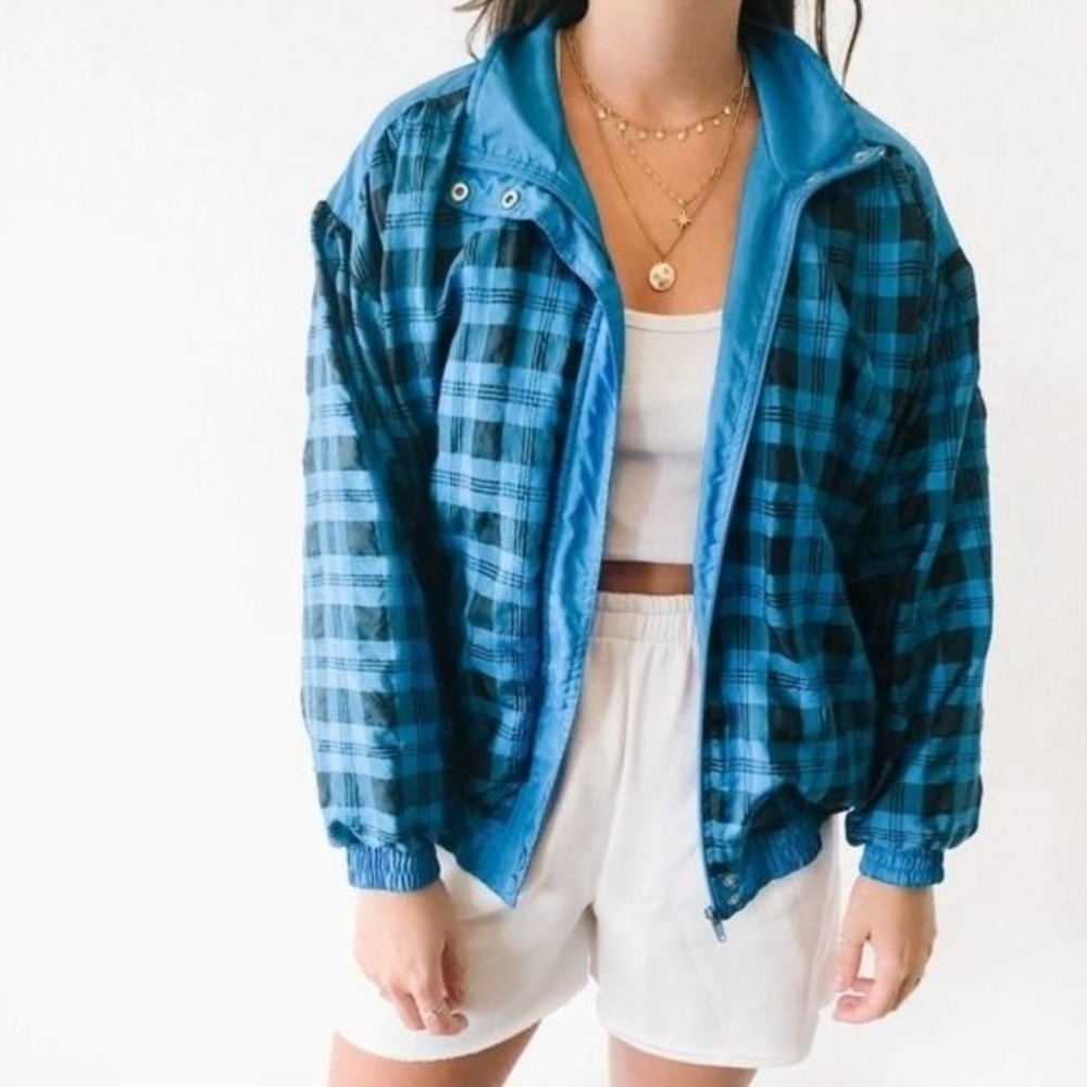 Lavon Vintage Blue Black Plaid Windbreaker Jacket Size M Full Zip Retro Bomber